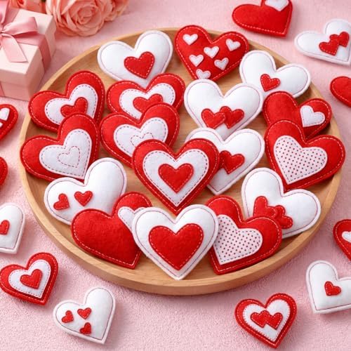Mindsoft 30 Pcs Valentine Felt Ornaments Heart for Tree 2.4 Inch Valentines Heart Hanging Decorations Red White Hanging Decoration for Valentines Wedding Anniversary Vase Bowl Filler DIY Crafts