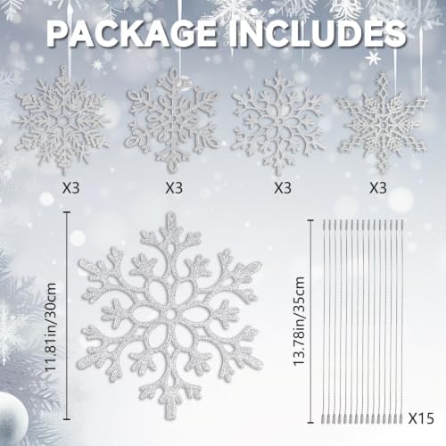 12pcs Large Silver Snowflakes Ornaments 12” Big Plastic Glitter Snowflake for Winter Indoor Outdoor Christmas Tree Window Room Decorations Giant Craft Snowflakes
