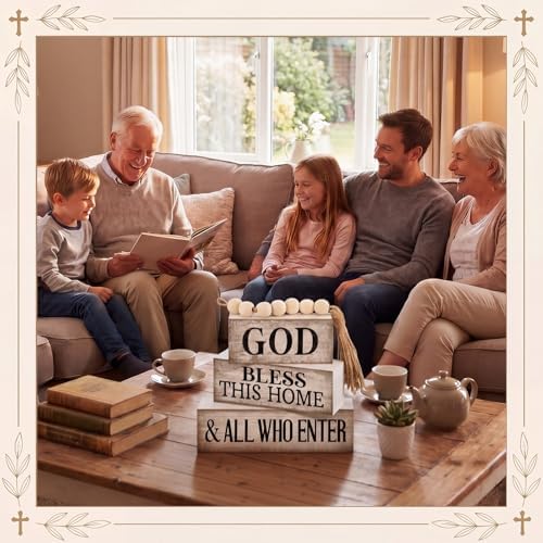 Moucuny 4 Pcs Christian Table Decor Rustic God Bless This Home Stacked Sign