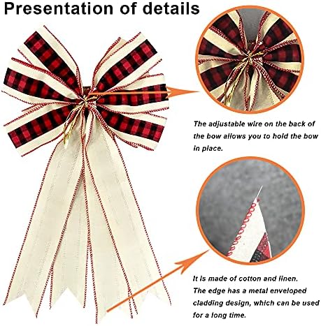 Hying Large Christmas Bow for Wreath, Red Black Buffalo Plaid Bows for Front Door Wall Fence Decor, Red Beige Christmas Wreath Bow Tree Topper Bow for Winter Christmas Party Decoration Supplies