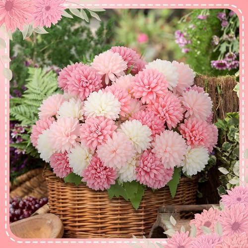 XunYee 12 Pcs Pink Artificial Flowers for Outdoor Silk Chrysanthemums