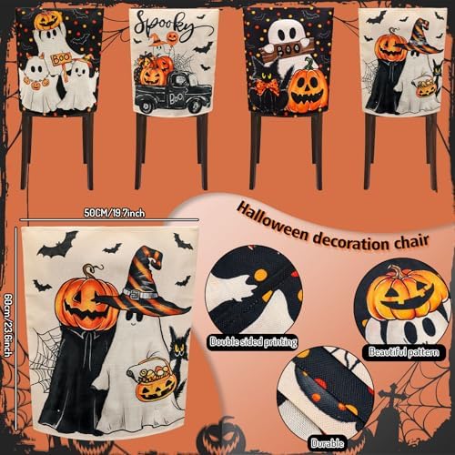 JarThenaAMCS 4Pcs Halloween Chair Back Cover Spooky Boo Ghost Bat Pumpkin Face Seat Covers Dining Chair Slipcover Protector for Trick or Treat Home Kitchen Decor