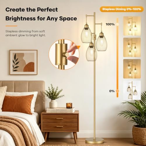 Dimmable Floor Lamp, 3 x 800LM LED Edison Bulbs Included, Farmhouse Industrial Floor Lamp Standing Tree Lamp with