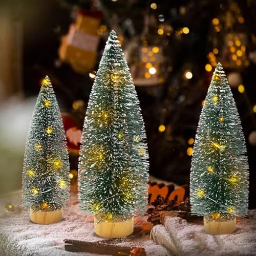 3 PCS Mini Bottle Brush Christmas Trees with Lights, Miniature Tabletop Christmas Tree for Christmas Decorations Indoor, Desktop Pine Tree Xmas Holiday Decor