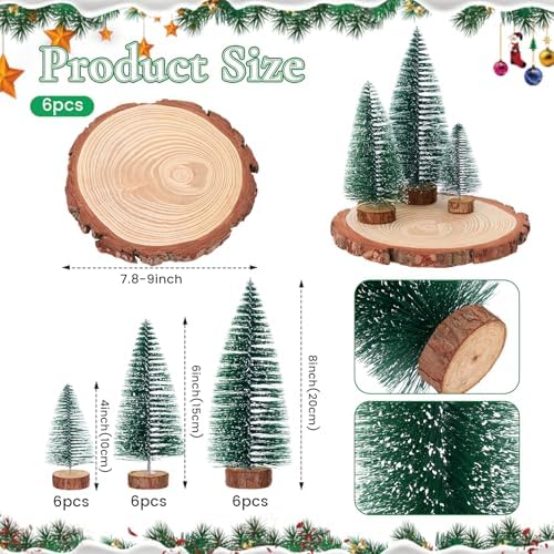 18 Pcs Bottle Brush Trees in 3 Size and 6 Pcs Wood Slices, Green
