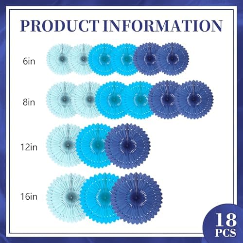 18 Pcs Blue Set Hanging Paper Fan, Hanging Honeycomb Round Paper Fans for Weddings, Birthdays, Baby Showers, Classroom, Events Ceiling Party Supplies Decorations