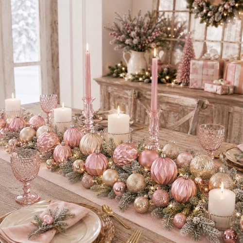 Lunmon 64 Pcs Blush Pink Champagne Gold Christmas Ornaments Xmas Bulbs