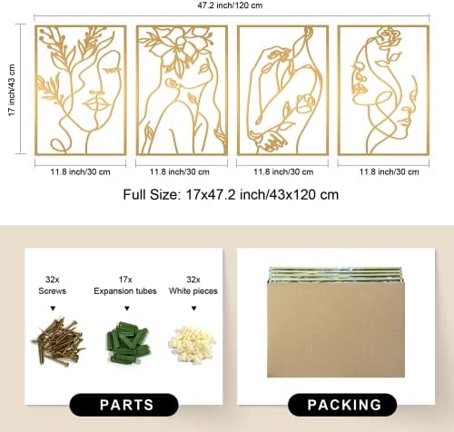 Glamativity 4 Pack Gold Wall Art Decor, Female Flower Face Lover Minimalist Décor Single Line Art Wall Décor, Real