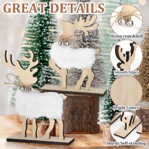 COCHIE Cute Christmas Tiered Tray Decor Indoor, Wooden Reindeer Christmas Tabletop Decorations and Xmas Tree Centerpiece, Reindeer Sign Standing Elk Decor for Home Party Decorations (Fur)