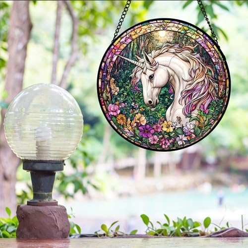 Unicorn in Flower Forest Stained Glass Window Hanging Suncatcher Gift 7.8"