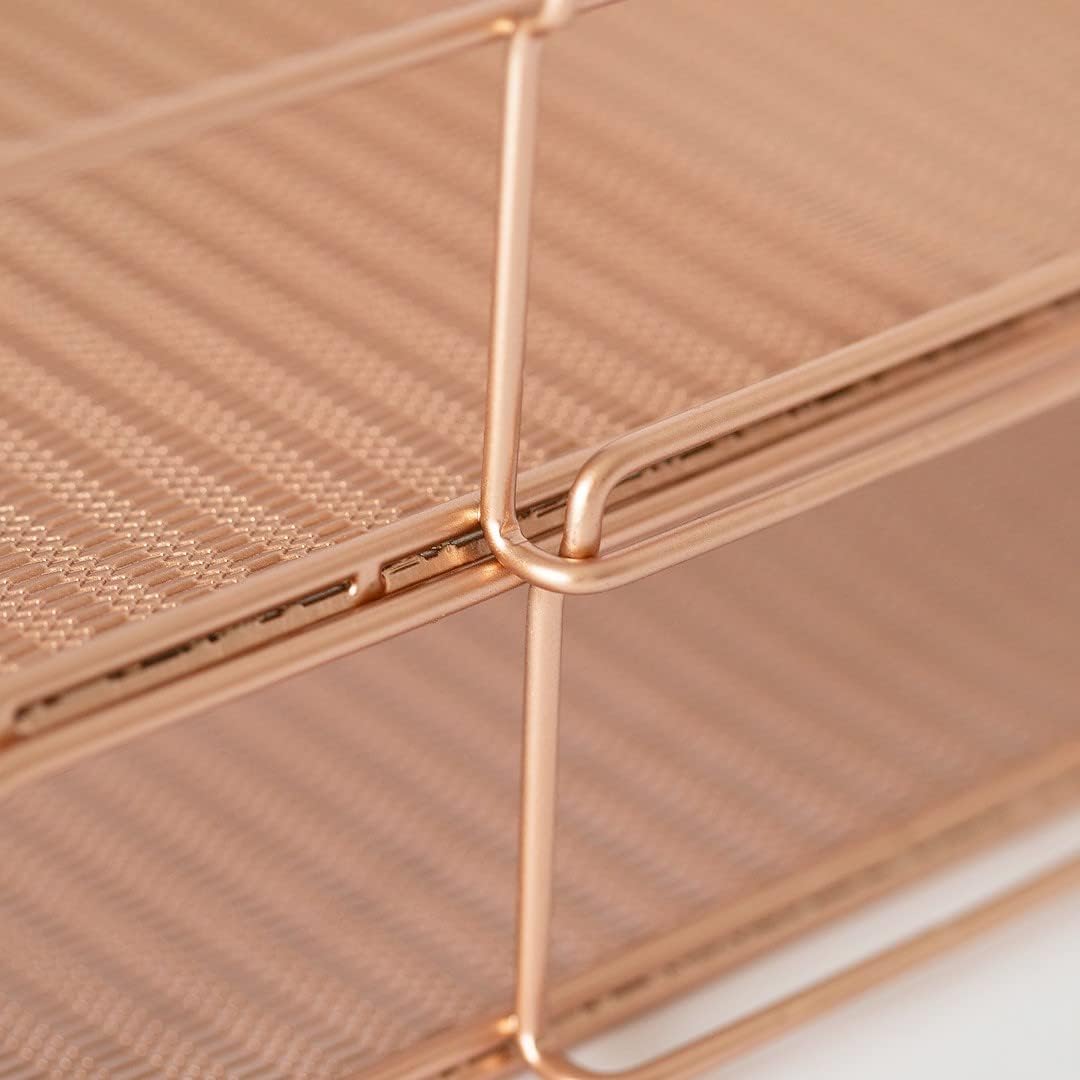 BLU MONACO | Rose Gold Mesh Paper Tray Set of 2 | Stackable Letter Trays for Desk Organization | Durable Metal Document