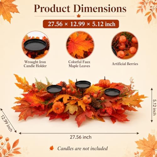 27.56" Fall Candle Holder Centerpiece, Thanksgiving Table Decor with Metal Candle Cups Large Foldable Autumn Leaves Pumpkins Candle Holder for Farmhouse Dining Table Mantel Home Party Decor