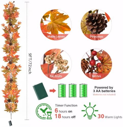 Artgar Fall Maple Leaf Garland, 9 Ft Fall Decor Garland with 30 Warm Lights