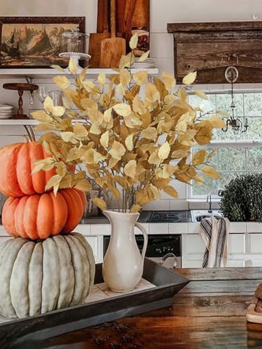 Artificial Fall Birch Leaves Stem - 6 Pcs Faux Autumn Greenery Long Stems 33.4" Tall Fake Plants with Branches Decorations for Thanksgiving Wedding Centerpieces Home Table Decor Floral Arrangements