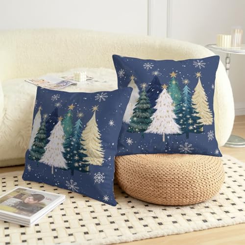 Blue Christmas Pillow Covers 20x20 Set of 2 Teal White Gold Xmas Tree Snowflakes Decorative Outdoor Throw Pillow Cases Winter Holiday Farmhouse Cushion Cover for Sofa Couch Patio