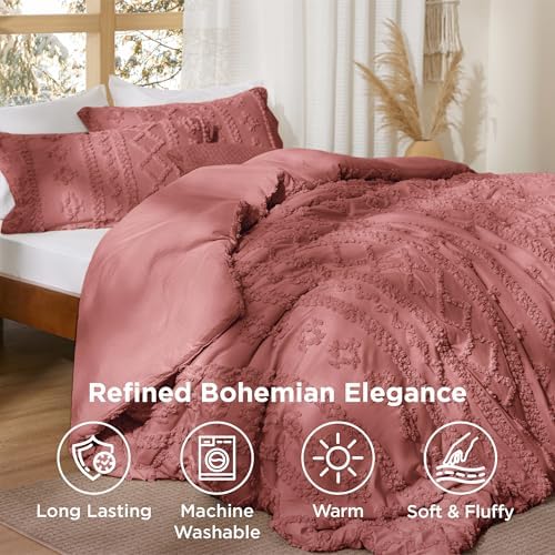 Bedsure Tufted Boho Comforter Set Twin Size - Grayish Pink Boho Bed Set, GentleSoft™ 2 Pieces Farmhouse-Style