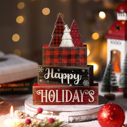 Moucuny 4 Pcs Wooden Block Signs Buffalo Plaid Holiday Farmhouse Decor