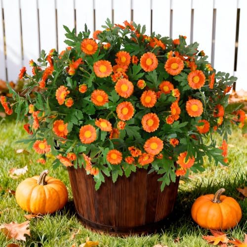 INQCMY Fall Artificial Mums Flowers for Outdoors Planter Fake Plants 6 PCS