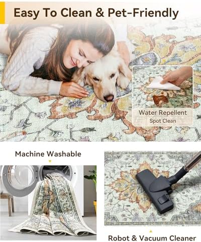 RELEANY Washable Area Rug, Runner 2'6"x12', Beige/Carbon Grey/Orange