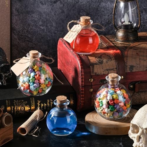2 pack Glass Potion Bottles with Corks 9oz Empty Spherical Jars for DIY Crafts Decorative Clear Ball Bottle with Wood Stopper for Halloween Decor