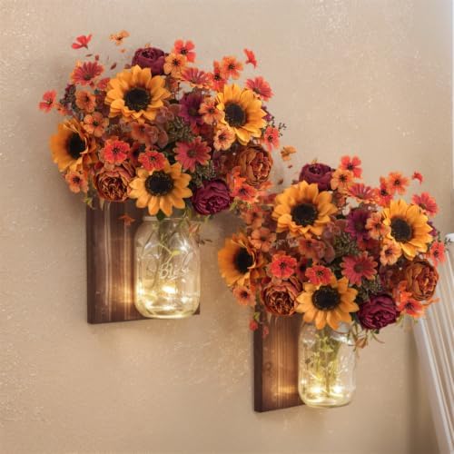 Mixed 5 Pcs Fall Artificial Sunflower Peony Bouquet, Yellow Burgundy Silk Faux Flower, Autumn Faux Floral Arrangements for Wedding Table Centerpiece DIY Thanksgiving Farmhouse Indoor Outdoor Decor