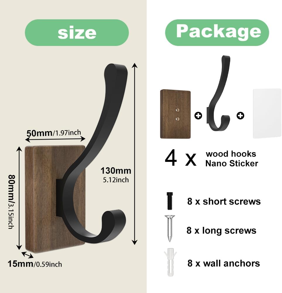 Wood Wall Hooks for Hanging / Rectangle / Set of 4