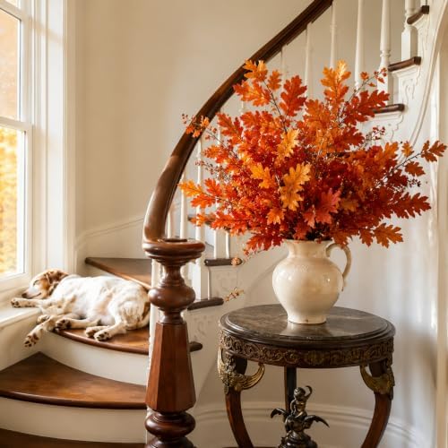 Wavwavw 6 Pcs 32'' Fall Artificial Oak Leaves Stem Fake Oak Branch Decor