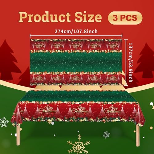 3-Piece 54 x 108 Inch Merry Christmas Plastic Tablecloth - Red and Green Design with Christmas Tree Holiday Decorations, Disposable Rectangle Table Cover for Xmas Party Supplies, Indoor Outdoor Decor