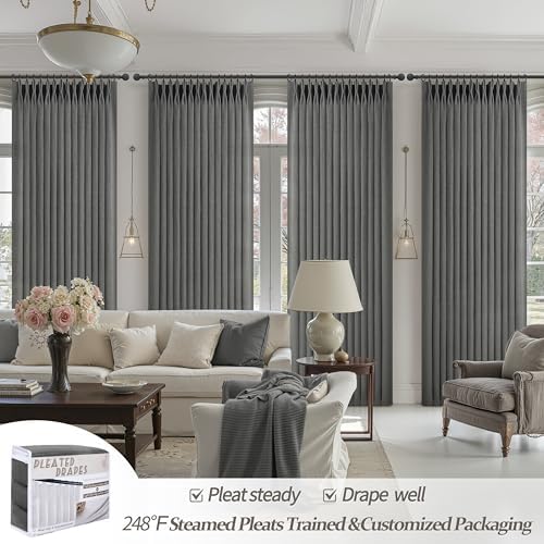 Dark Grey Memory Shaped Pinch Pleated Living Room Curtains 84 Inches Long 2 Panels Set, Textured Linen Semi Sheer