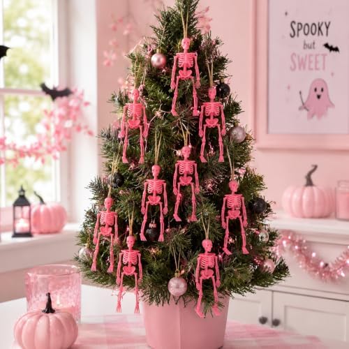 24 Pcs Pink Halloween Mini Skeleton, 6" Posable Skeleton Hanging Decor