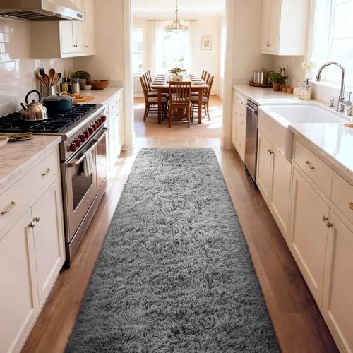 Ophanie 2x10 Runner Rug for Hallway,Upgrade Non-Slip Fluffy Soft Bedside Rugs,Bedroom Living Room Grey Shaggy Gray