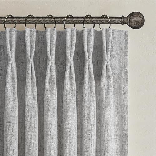 PleatedDrapes Light Grey Pinch Pleat Curtains 105 Inches Extra Long for Room Divider, Memory Shape Semi Sheer Natural