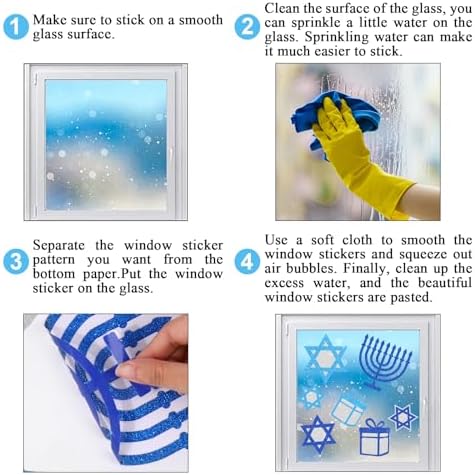 Whaline 6 Sheets Glitter Hanukkah Window Clings Chanukah Star Menorah Window Decal Reusable Anti-Collision Windows Decor for Home Classroom Office Party Supplies