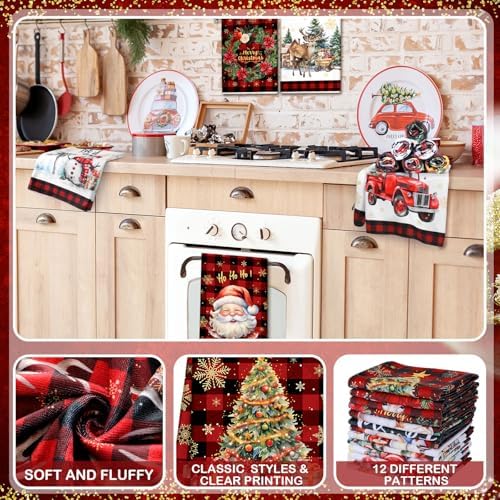 VitalCozy 12 Pcs Christmas Kitchen Towels, 14.2 x 21.3 in Plaid Dishcloths