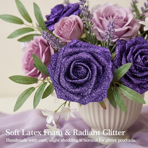 30PCS Purple Glitter Artificial Roses with Stems, Real Touch Foam Flowers
