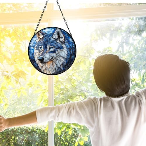 Blue Wolf Stained Glass Window Hanging Suncatcher Gifts for Women 12"