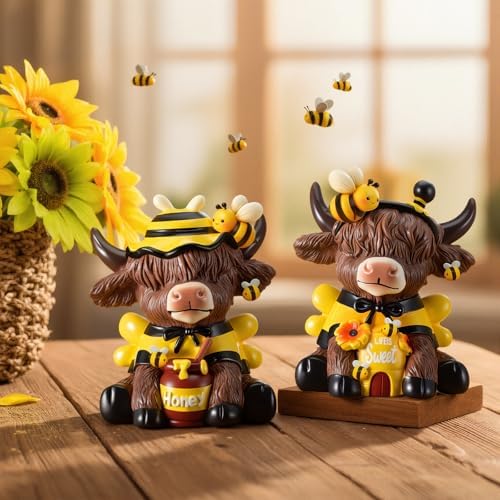 Karenhi 2 Pcs Highland Cow Figurines Resin, Bee Theme Honey Jar Decor