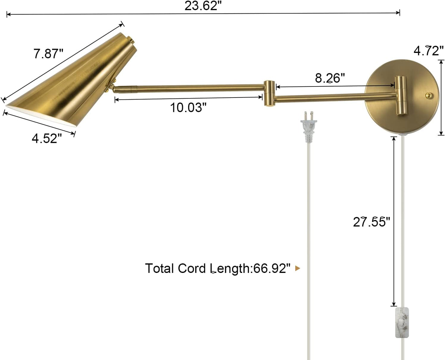 Plug in Wall Sconce Set of 2, Brass Swing Arms Wall Light Plug-in Wall Lamp for Bedroom Living Room Wall Lamp