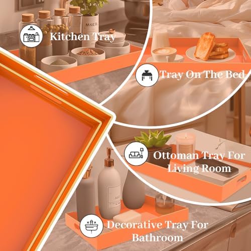 MAONAME Orange Serving Tray with Handles, Plastic Decorative Tray Set of 2
