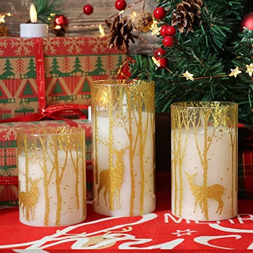 GenSwin Glass Flameless Candles with Elk Decor and Remote Timers, Battery Operated Moving Wick Led Flickering Light, Set of 3 Real Wax Pillar Candles for Christmas Home Decoration