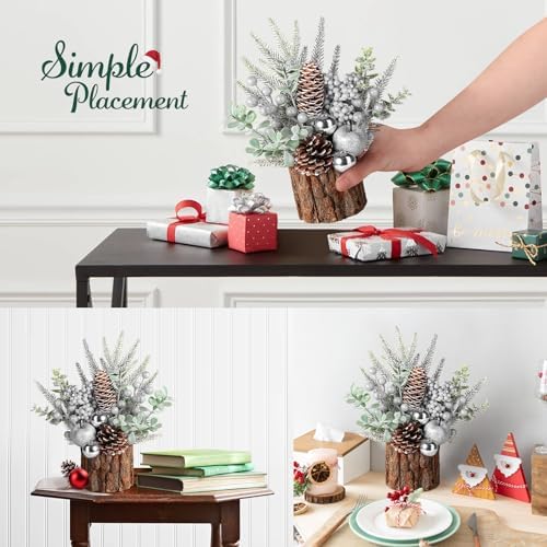 hatisan Small Christmas Tree,Artificial Christmas Tree with Christmas Ornaments Pine Cone Berry,Tabletop Christmas tree for Christmas Decorations Home Room Party Winter Indoor Outdoor (Silver-Round)