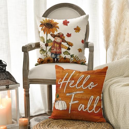 AVOIN colorlife Hello Fall Scarecrow Pillow Covers 16x16 Inch Set of 4