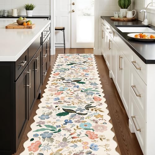 Washable Hallway 2'6x12 Runner Rug: Floral Scalloped Rug for Kitchen Entryway Farmhouse Soft Carpet for Bathroom