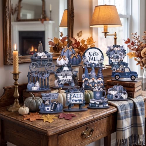 12 Pcs Fall Blue Decor for Home Blue Pumpkin Maple Leaf Table Centerpiece