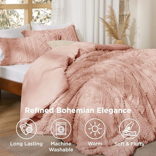 Bedsure Tufted Boho Comforter Set Queen Size - Light Pink Boho Bed Set, GentleSoft™ 3 Pieces Farmhouse-Style Embroidery