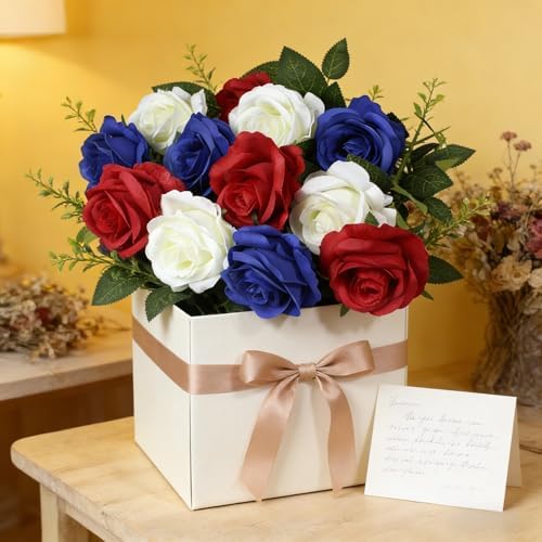 Artificial Roses Flowers, 12 Pcs Red White Blue Patriotic Long Stem Realistic Silk Roses Bouquet for 4th of July, Memorial Day Decoration (Red, White, Blue, 12-PCS)