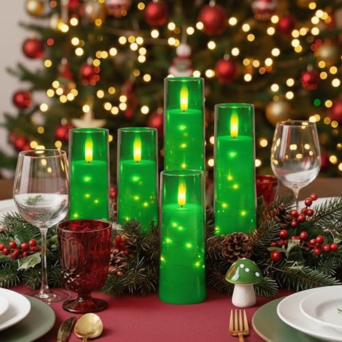 Raycare Flameless Battery Operated Pillar Candles with Remote Timer, Green