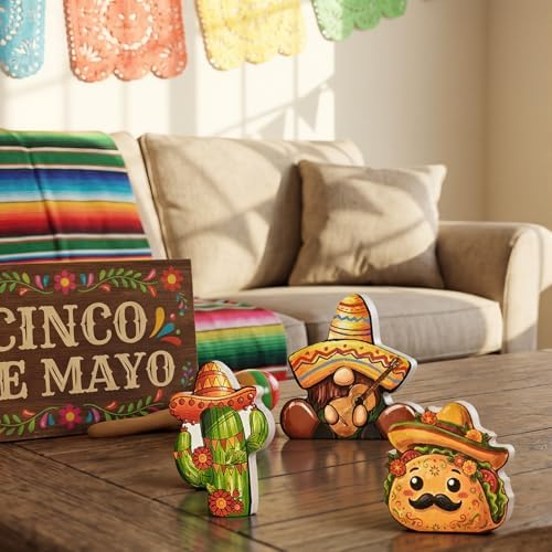Smile Cinco De Mayo Wooden Tabletop Wooden Decor Set of 3 Mexican Fiesta Figurines (Gnome, Cactus, Taco) for Tiered Tray & Party Display