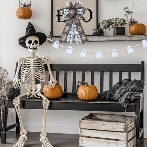 1 Pcs Large Halloween Wreaths Bow - Spooky Skeleton & Pumpkin Print Bow for Wreaths, Indoor Outdoor Decor, Halloween Party Supplies Gifts (Skeleton & Pumpkin Bow)