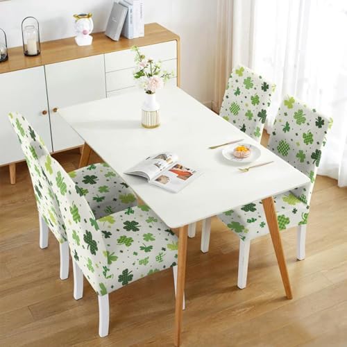 St. Patrick's Day Dining Room Chair Covers，St Patricks Day Chair Covers Set of 4, Green Four Leaf Clover Dining Chair Covers, Elastic Removable Washable Dining Chair Covers